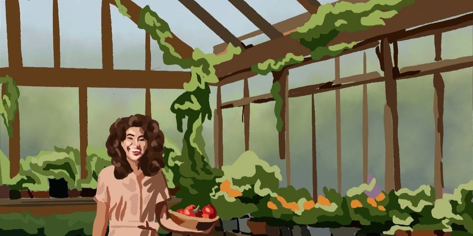 Color illustration of a younger adult in a greenhouse, holding a basket of peppers.