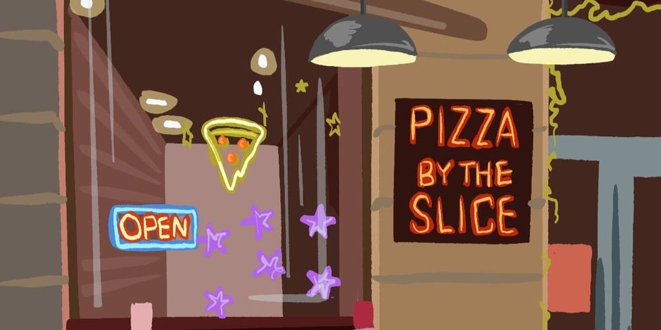Color illustration of the facade of a late night pizza shop.