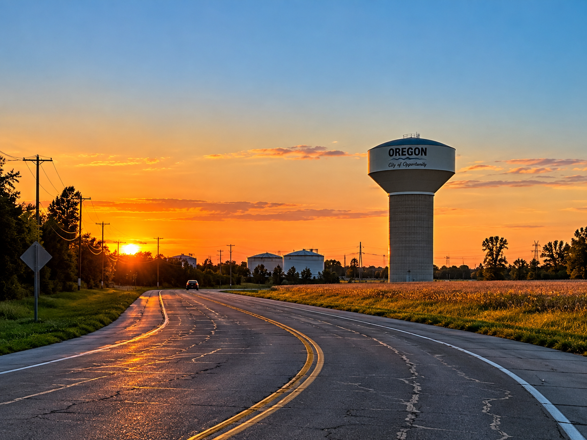 Oregon, Ohio water tower along a rural road at sunset.