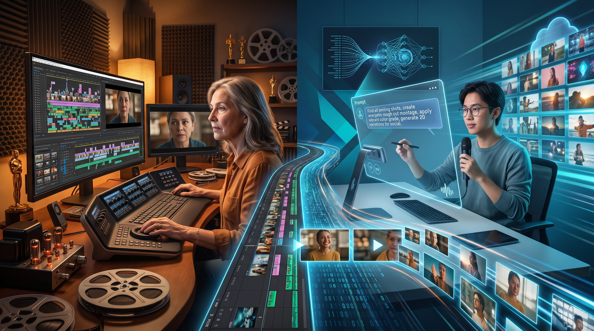 Illustration: ai video editing vs manual editing pros cons