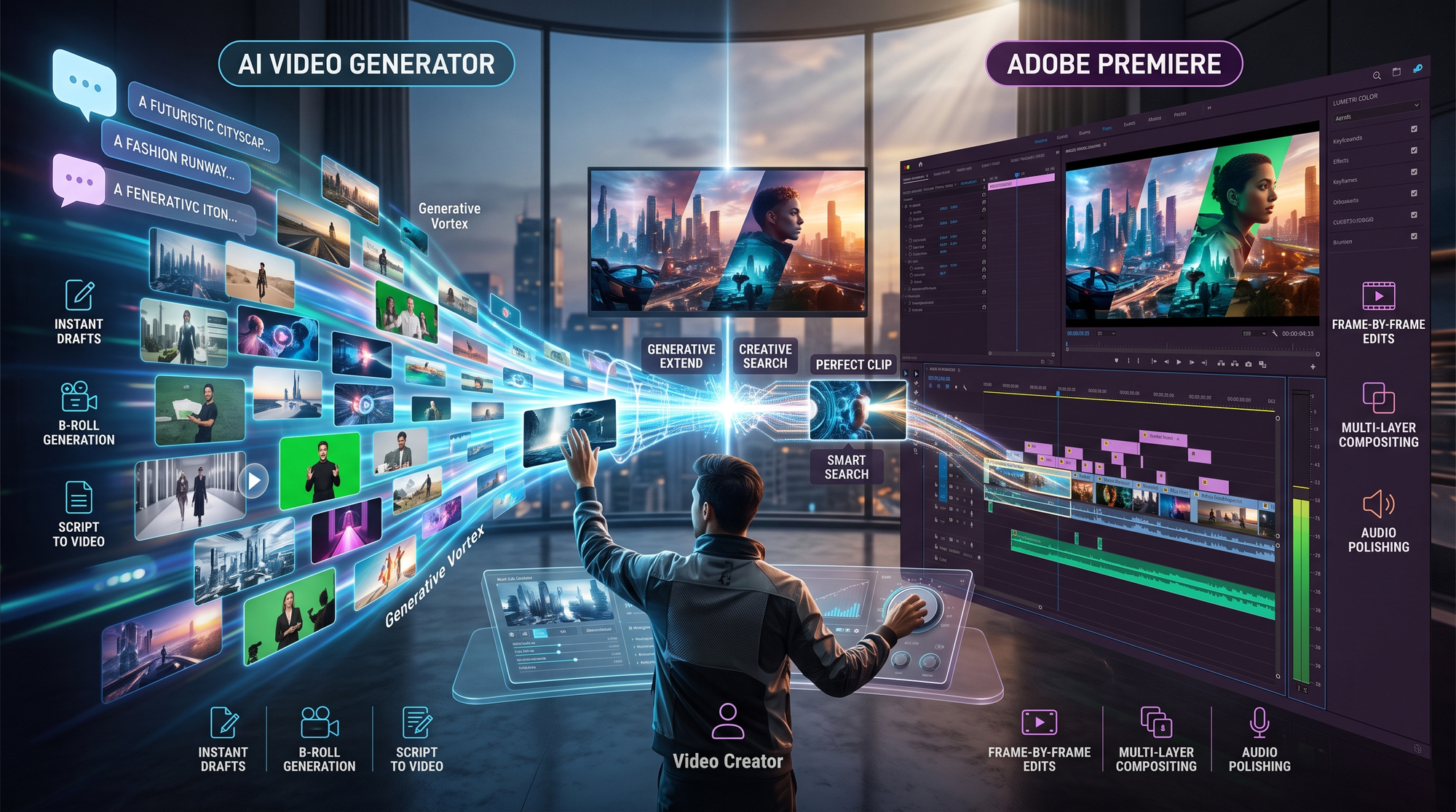 Illustration: ai video generator vs adobe premiere