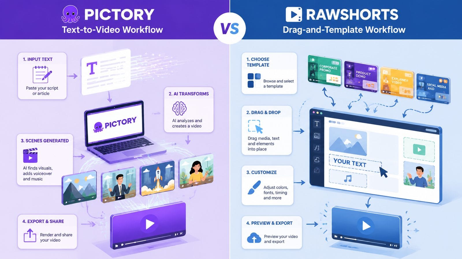 comparison of pictory and rawshorts workflow