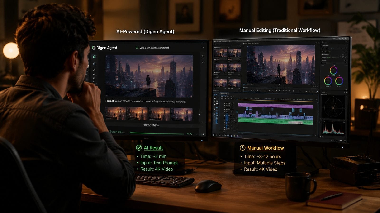 Illustration: Digen agent vs manual AI video creation