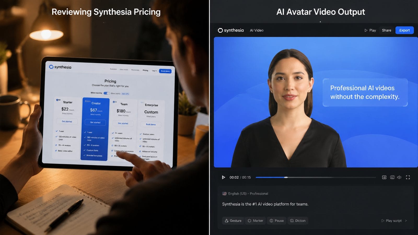 pricing of synthesia ai avatars workflow