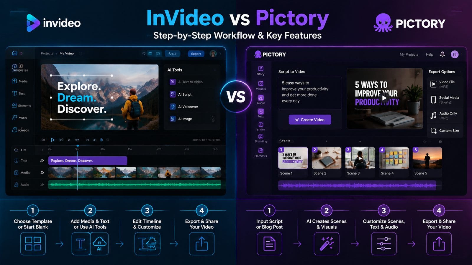 invideo vs pictory for social media content workflow