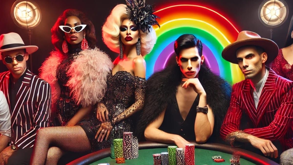 A glamorous group at a poker table dressed in bold, campy fashion with neon lighting and a rainbow backdrop.
