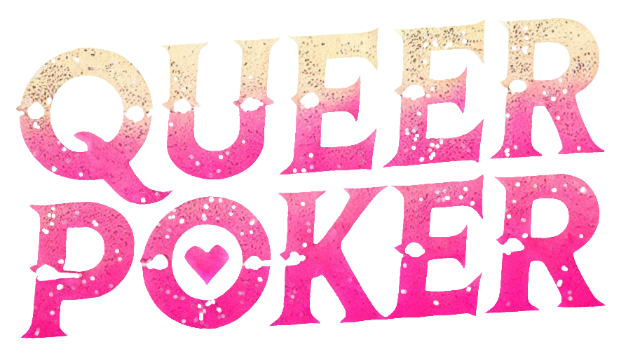 "Queer Poker" logo with bold gradient lettering in pink and cream, featuring playful bullet hole details and a heart symbol.