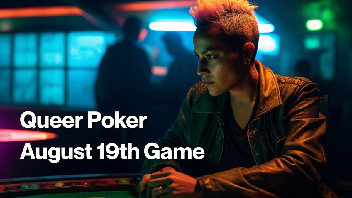 Queer poker player focused at a neon-lit table during the August 19th game night in San Francisco, with a moody underground vibe