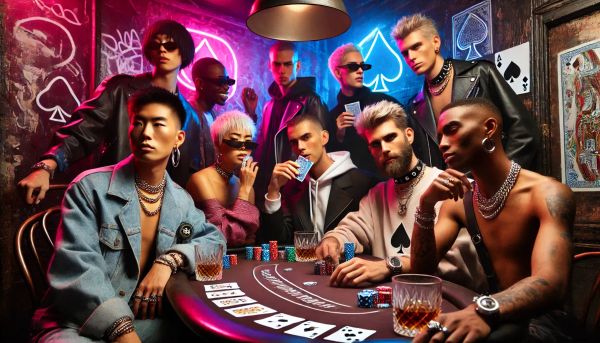 Queer poker game in a neon-lit backroom club with stylish players around a table.