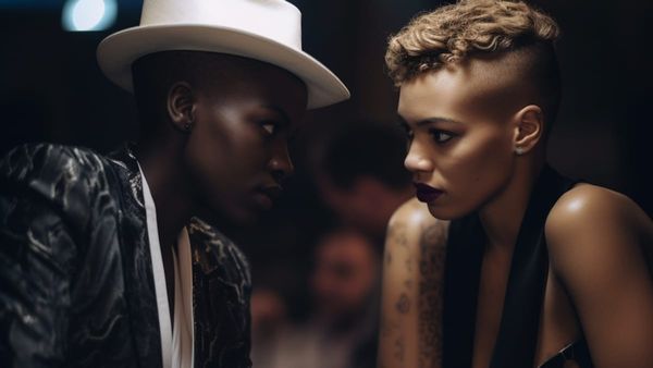 Two queer poker players flirt at a table, locking eyes in a dimly lit setting with bold style and edgy fashion.