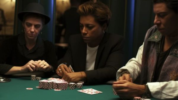 Three poker players strategizing during the pre-flop round at a table, surrounded by chips and cards in an intimate setting.