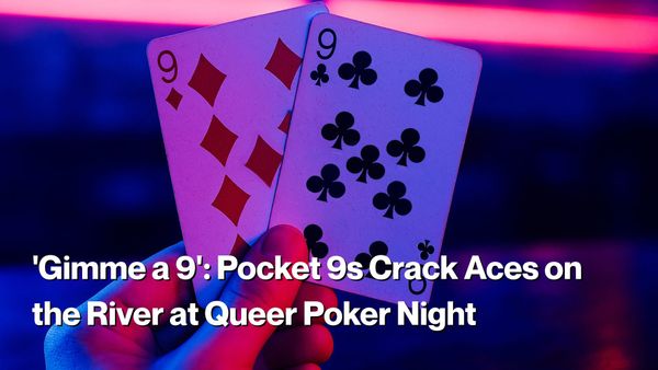 Hand holding pocket 9s — nine of diamonds and nine of clubs — against neon background, representing a key poker hand recap.