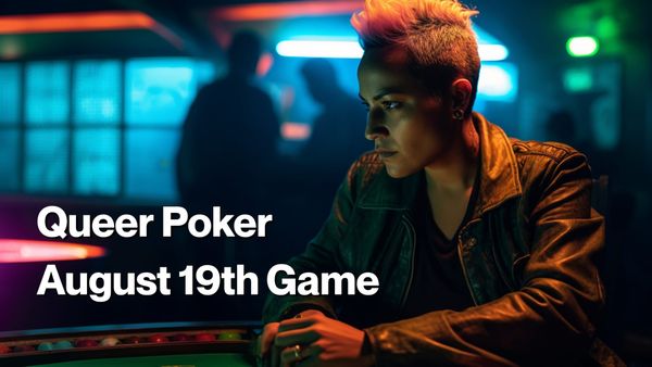 Queer poker player focused at a neon-lit table during the August 19th game night in San Francisco, with a moody underground vibe