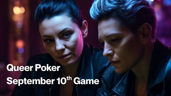 Two queer poker players in leather jackets sit at a neon-lit table, deep in thought during a late-night game with a moody, underground vibe.