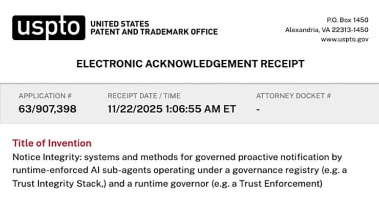 Notice Integrity: systems and methods for governed proactive notification by runtime‑enforced AI sub‑agents operating under a governance registry (e.g., a Trust Integrity Stack) and a runtime governor (e.g., Trust Enforcement)