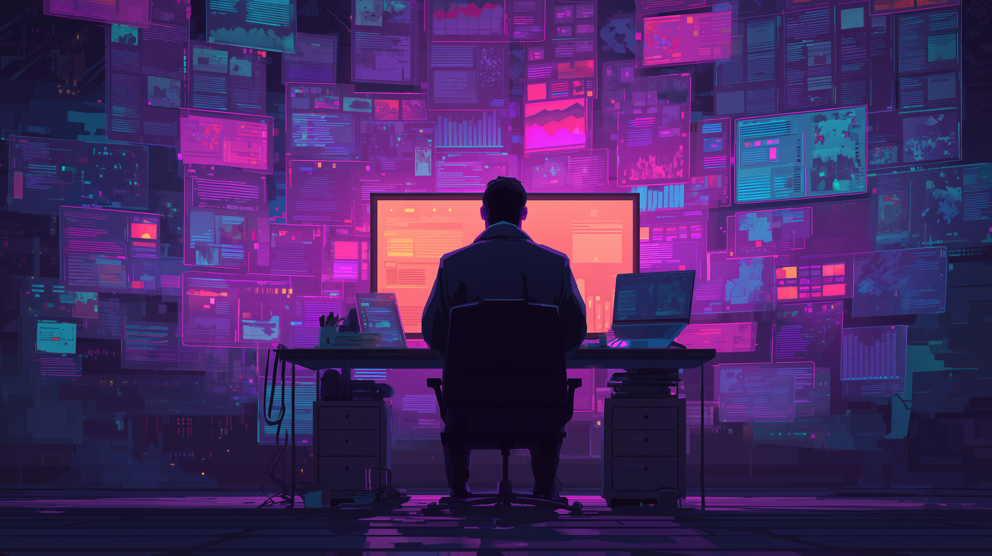 security analyst sitting at a futuristic workstation surrounded by floating intelligence reports on monitors