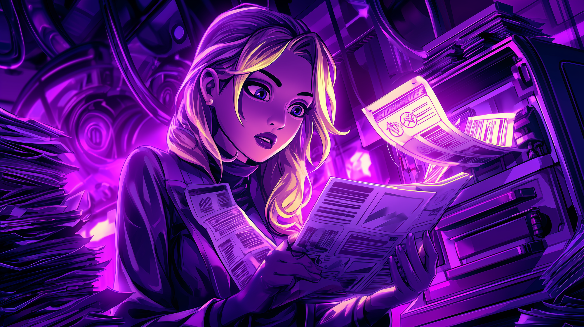 security analyst with confused look on her face flips through stack of identical intelligence reports spilling out of a machine