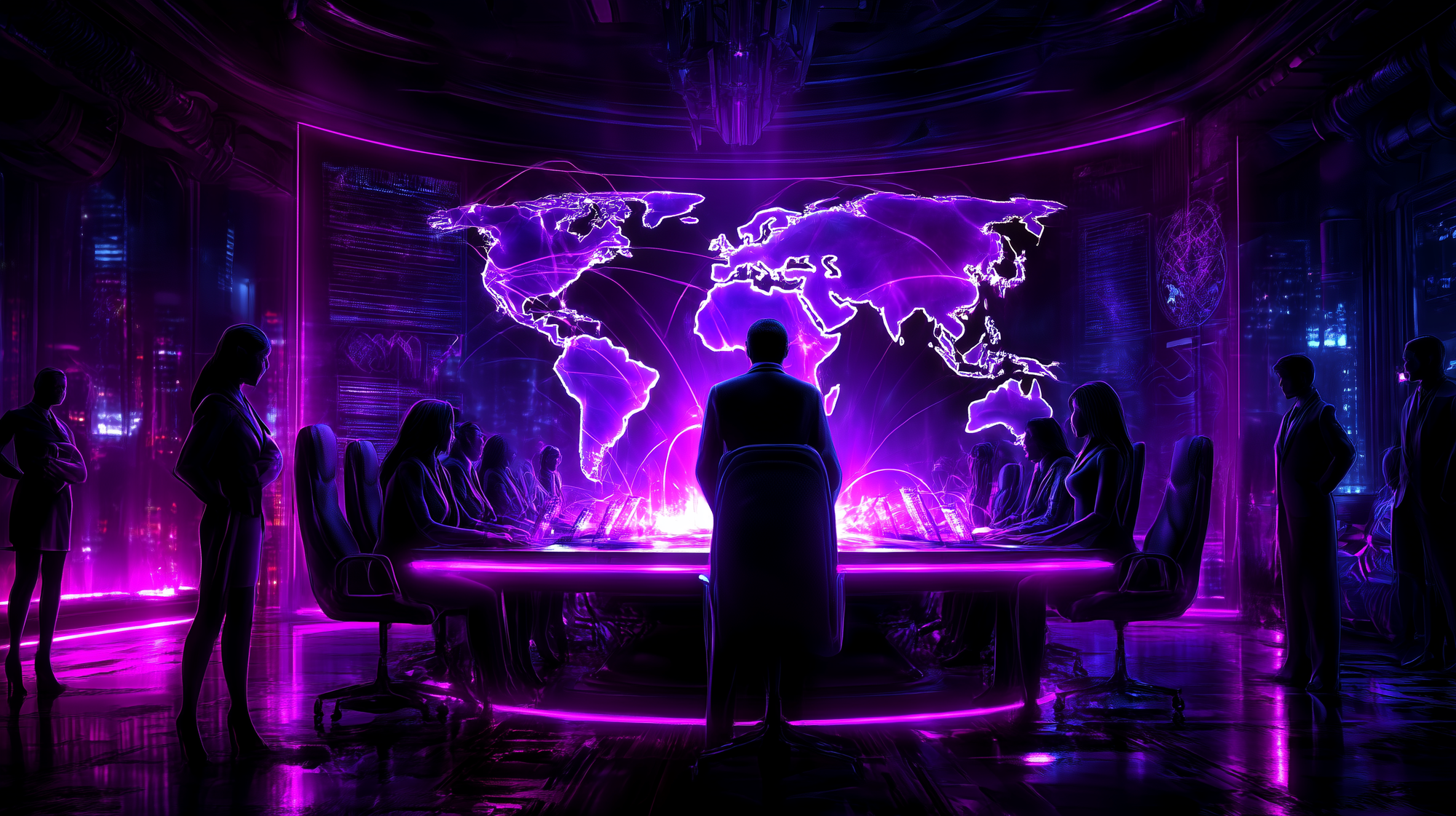 cyber war room surrounded with world maps showing cyber attacks in real-time with multiple powerful looking men and women sitting around a command table