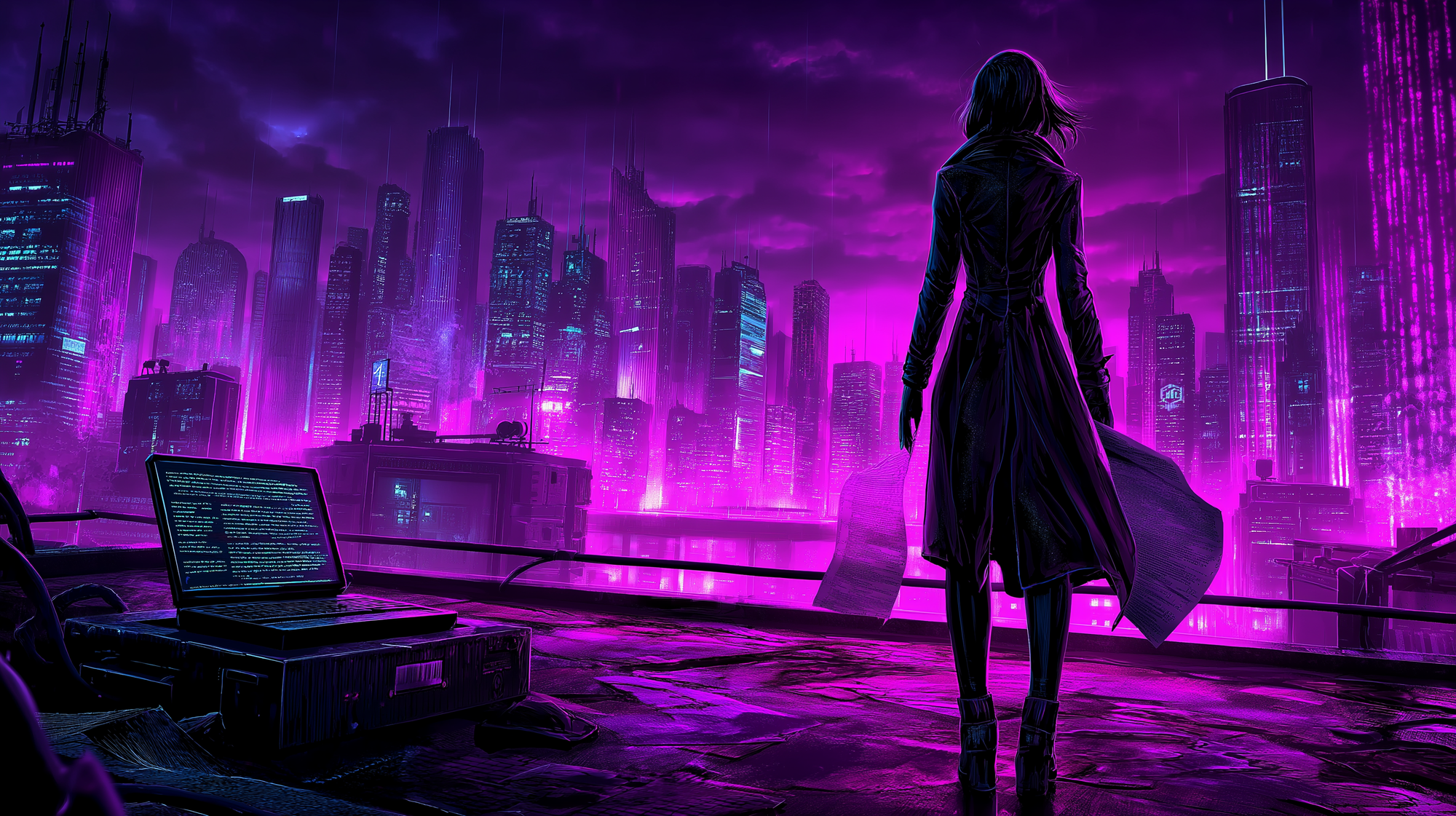 cyber analyst holding a torn intelligence reports blowing in the wind, standing on a rain-soaked rooftop