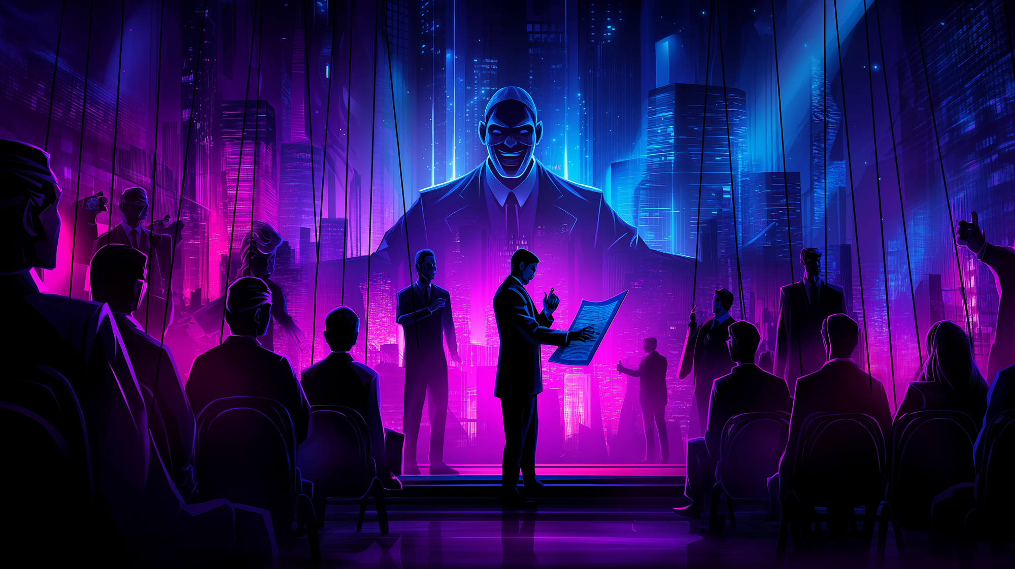 a cyber threat intelligence analyst on a bright stage holding a report, behind them a smiling executive and a government official pulling strings like puppeteers