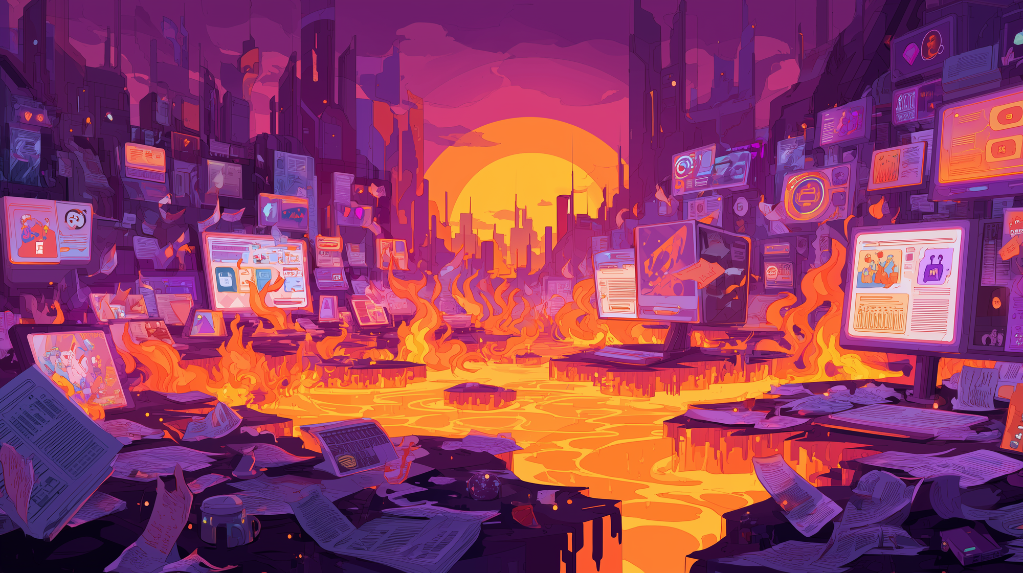 futuristic cyber security command center melting into a pool of molten circuitry, burning reports and glowing screens dripping like wax