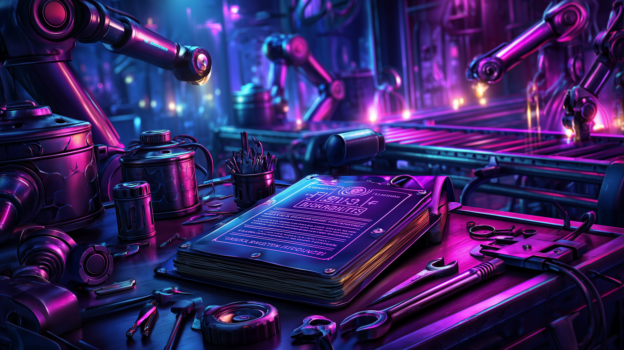 ornate artisan workbench with tools scattered, a factory-stamped report labeled cyber threat intelligence, with a blurred conveyor belt and robotic arms at work in the background