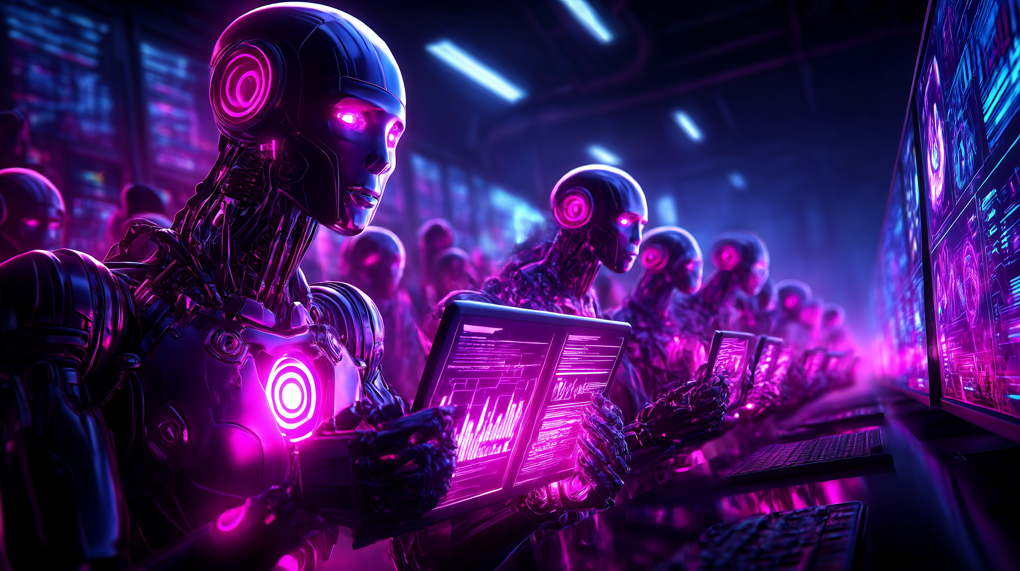 swarm of humanoid robots emerging from a data center, each holding identical threat reports glowing with synthetic light, background is a dimly lit control room with blurred human operators