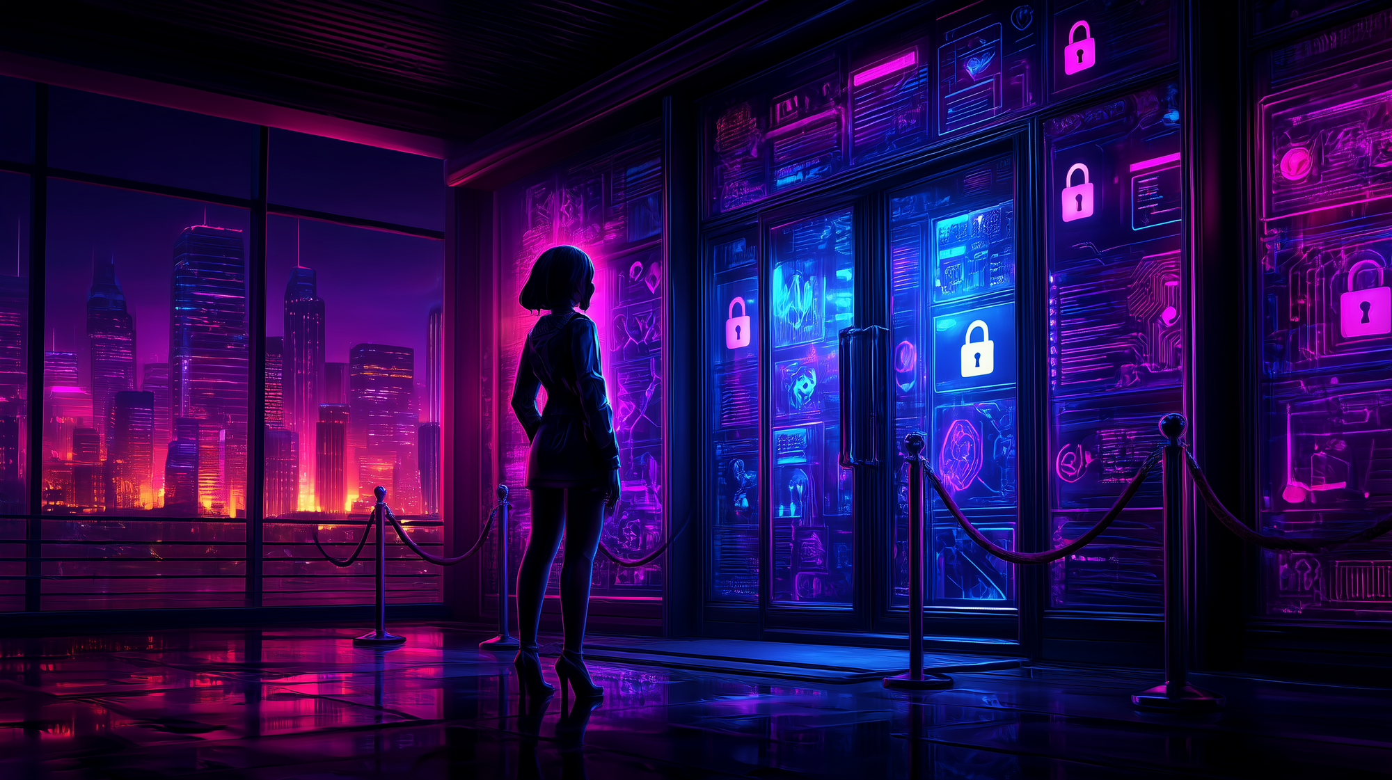 lone female security analyst standing outside a velvet rope guarding a glowing vault with multiple cyber security images and iconography