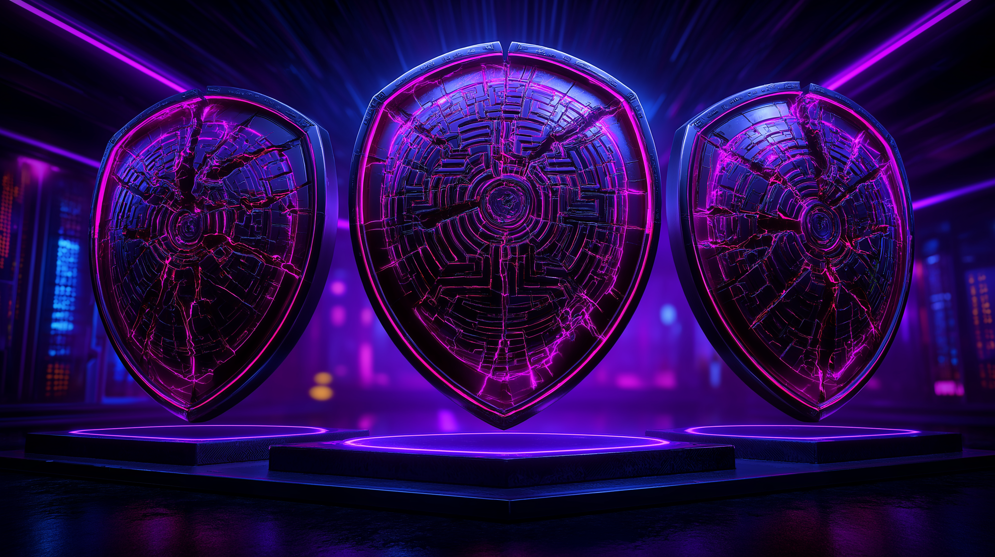  three giant cracked digital cyber security shields with intricate labyrinth patterns enshrined in a glowing museum display