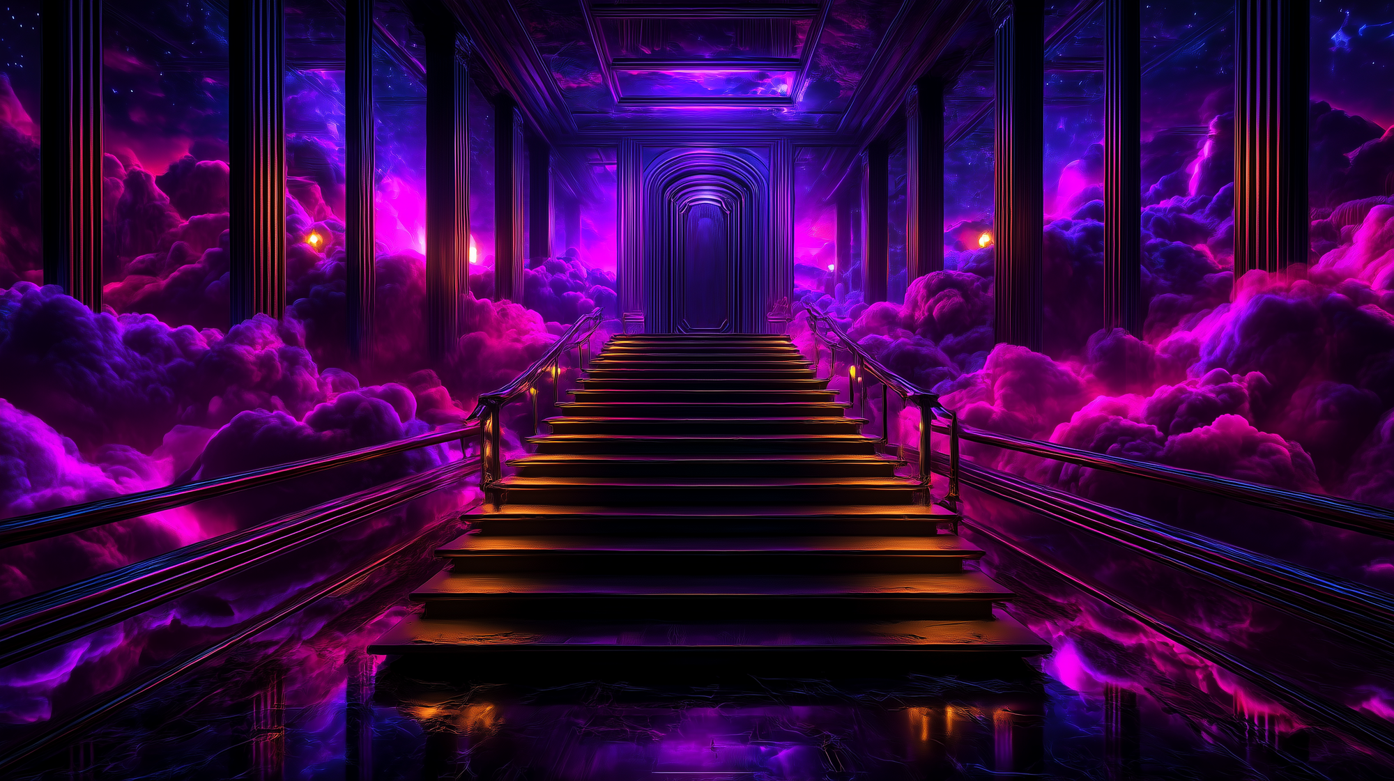 golden staircase leading to a locked door in the clouds