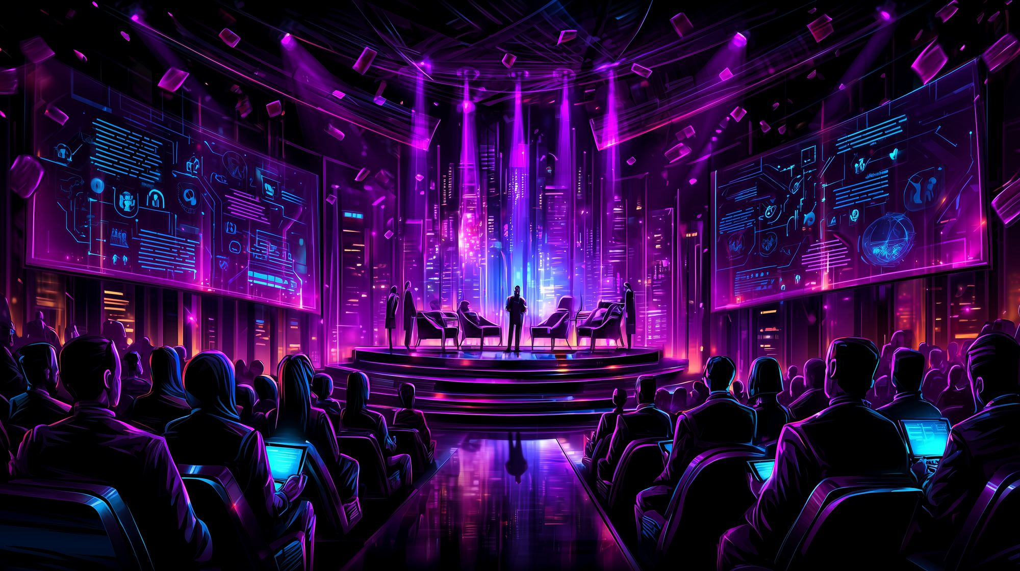 grand theater stage with an analyst performing under spotlights, audience of corporate executives applauding