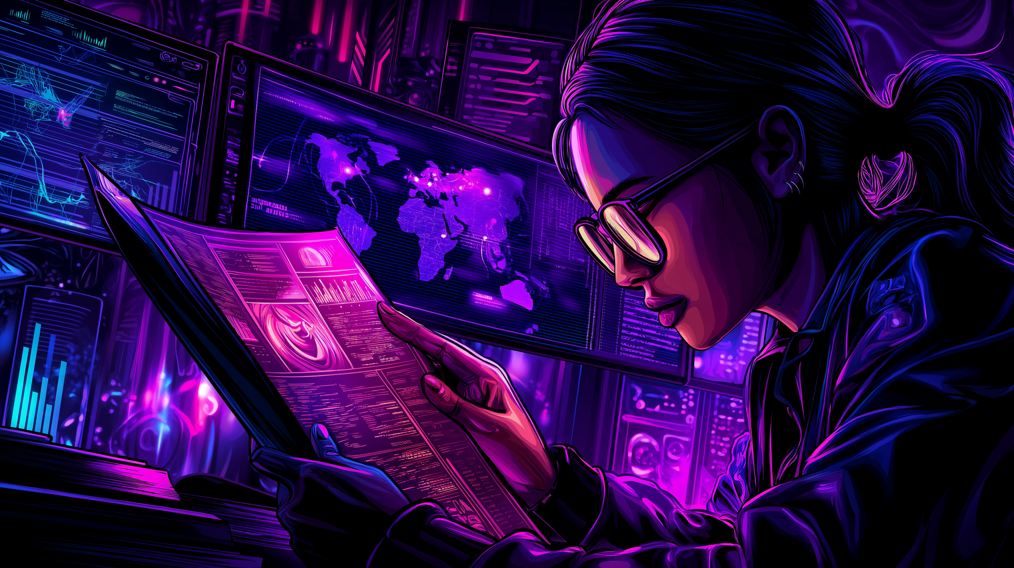 security analyst reading a threat report in English filled with irrelevant data, and key local threats missing from the pages