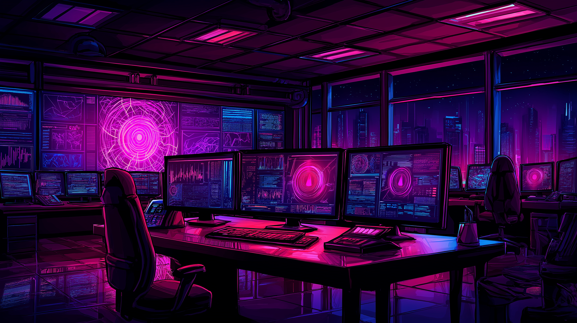 security operations center with detection screens showing no alerts. real cyber attack occurs outside the window