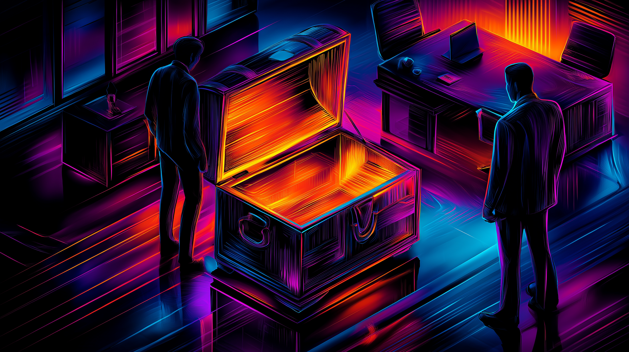 security analyst looking into an open but empty yet golden glowing small treasure chest provided by a well dressed businessman