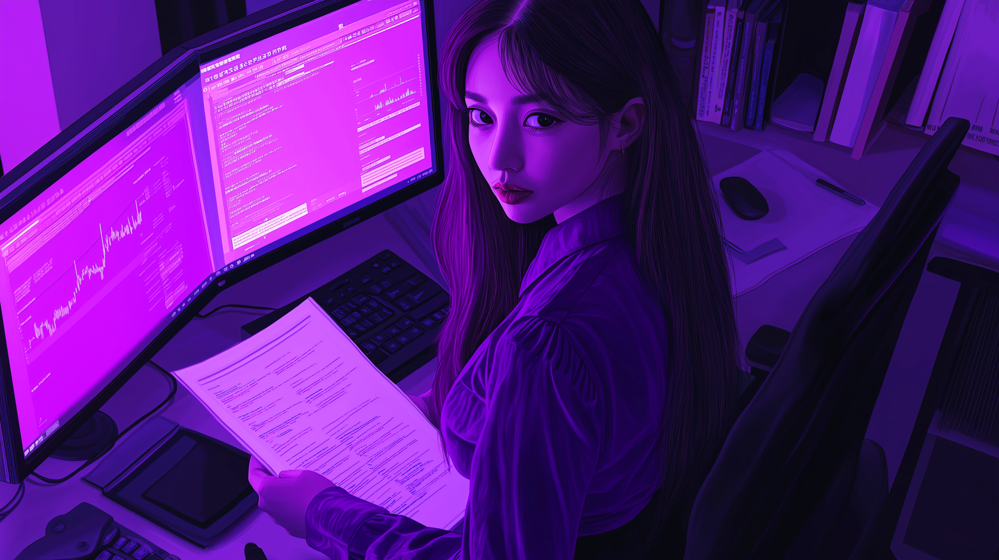 cyber threat intelligence analyst sitting at a home office desk looking at two large screen monitors while developing a custom intelligence report