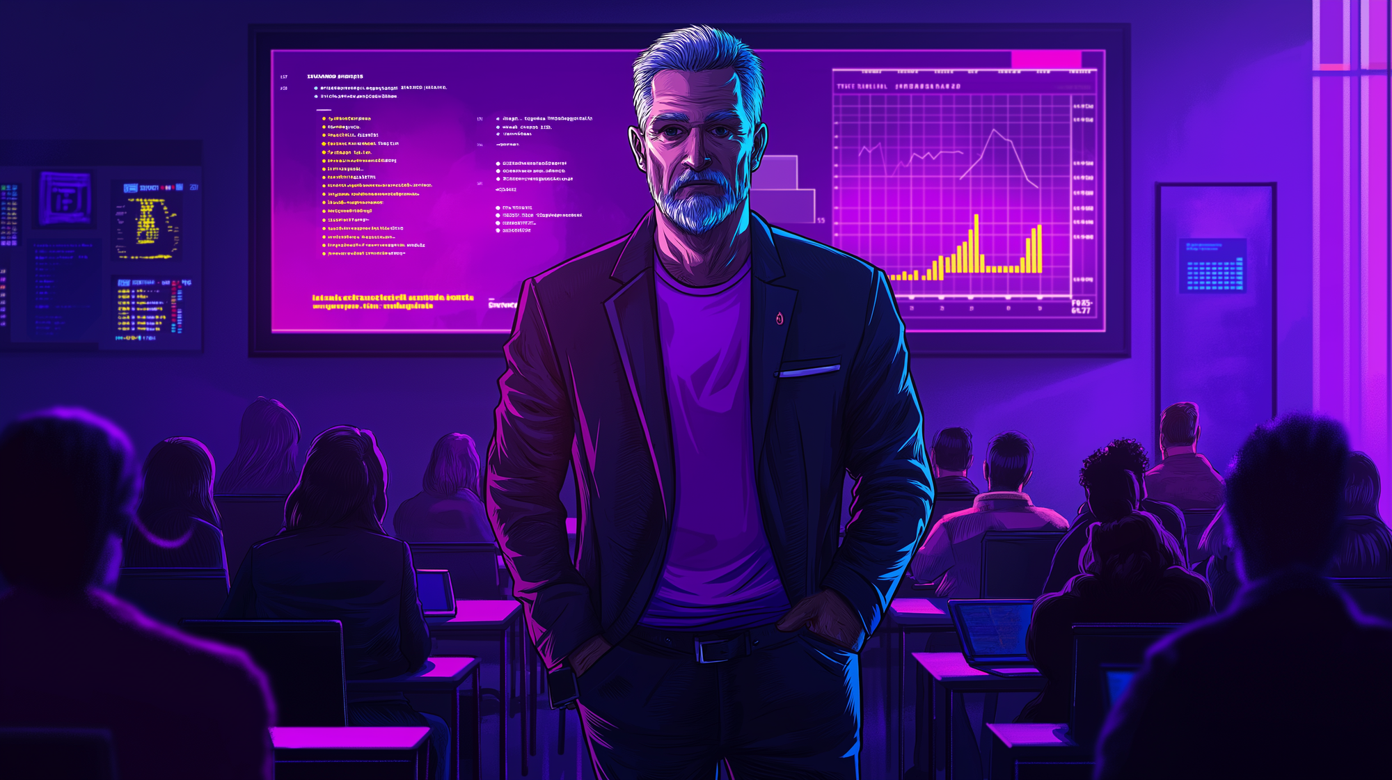 teacher standing in the middle of a classroom of students sitting at desks with laptops