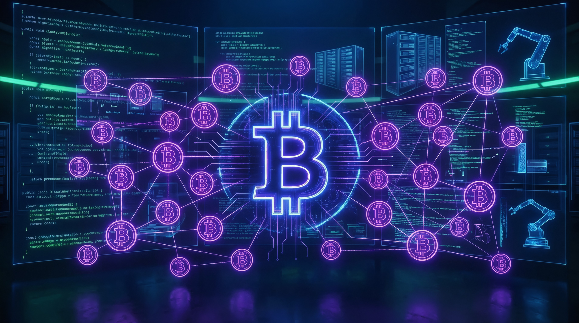 large bitcoin at the center of a vast, interconnected web of bitcoins