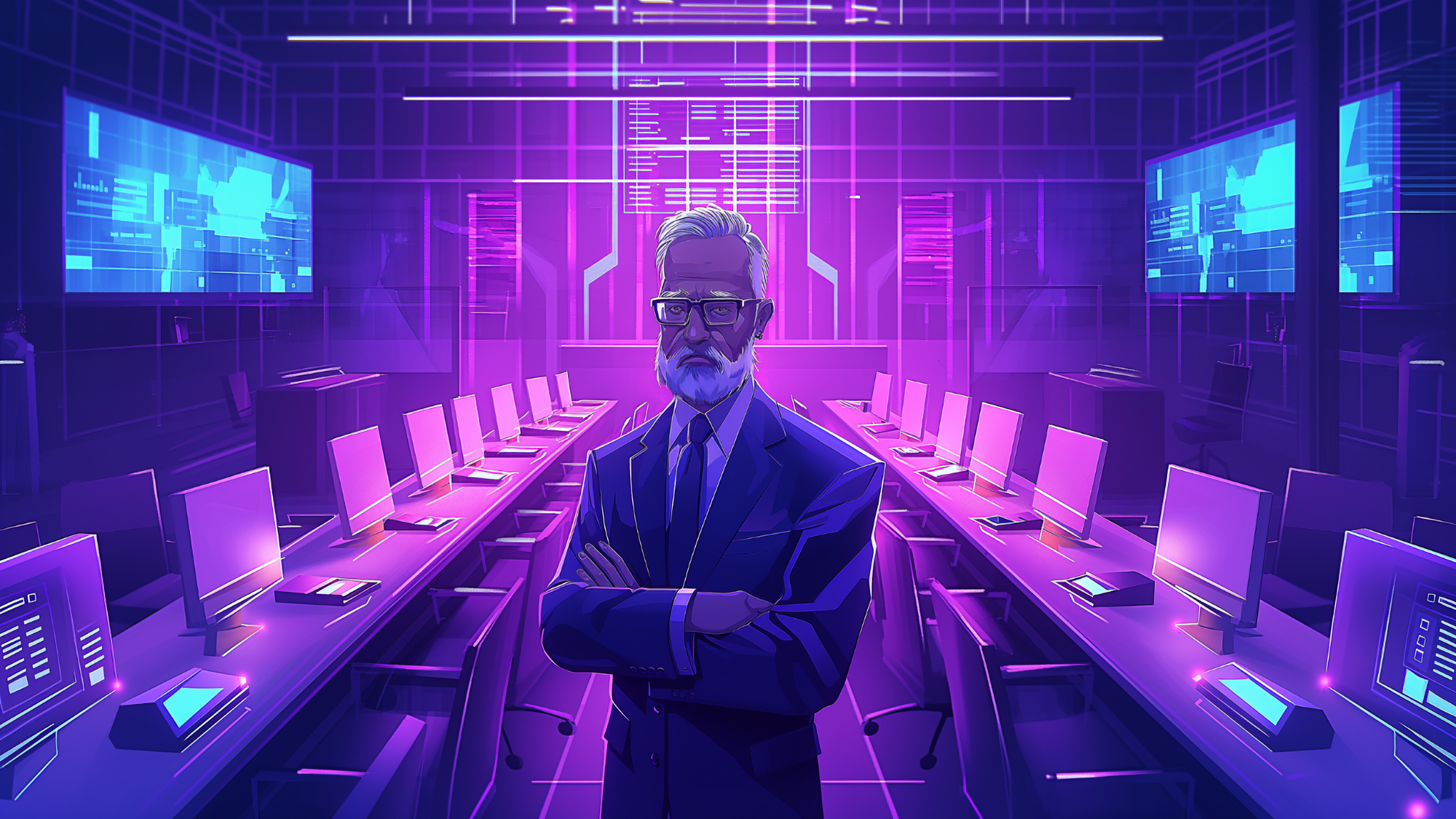 older executive male standing with arms crossed in the middle of a futuristic boardroom