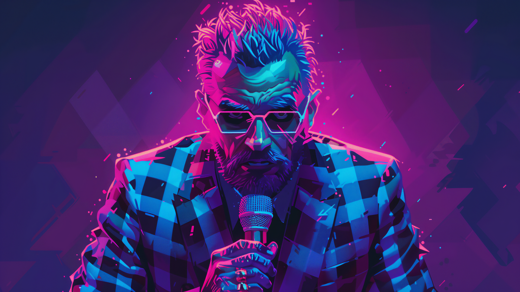 eccentric man with spiked hair and an insane checkered jacket, holding a microphone while on stage presenting