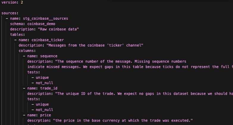 A screenshot of a YAML file showing the definition of a coinbase trades source table.
