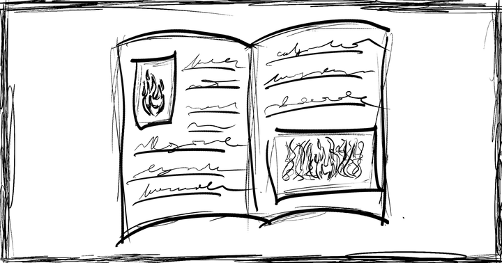 A hand-drawn open journal: a small framed flame on the left page, a larger fire on the right