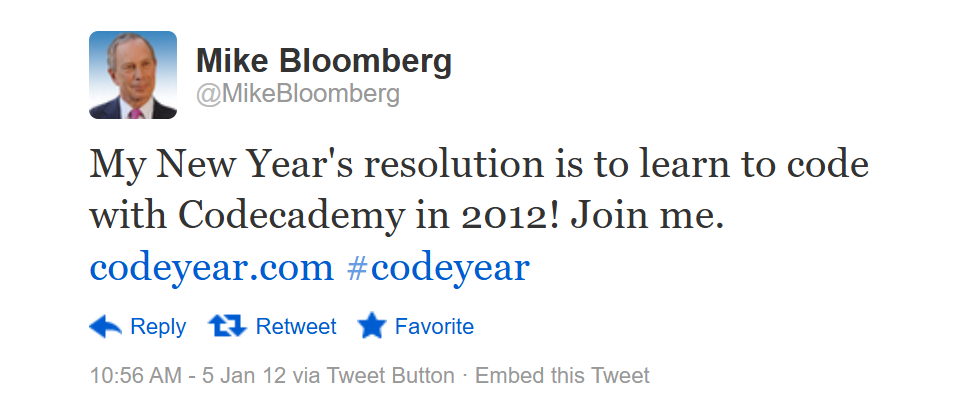 My New year's resolution is to learn to code with Codeacademy in 2012! Join me. codeyear.com #codeyear