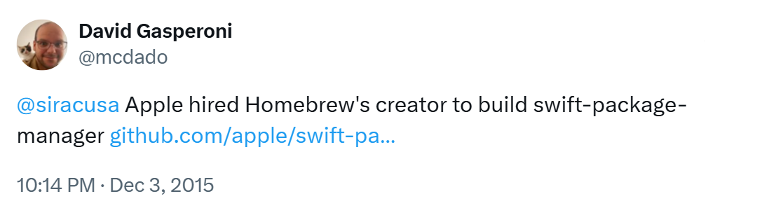 @siracusa Apple hired Homebrew's creator to build swift-package-manager github.com/apple/swift-pa...