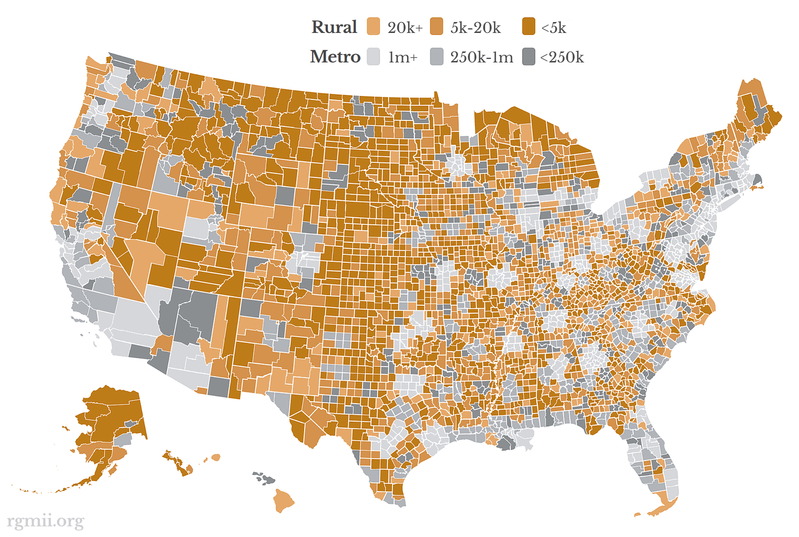 Map of the United States via rgmii.org showing all 3,143 counties by rural (gold) / metro (grey) and population