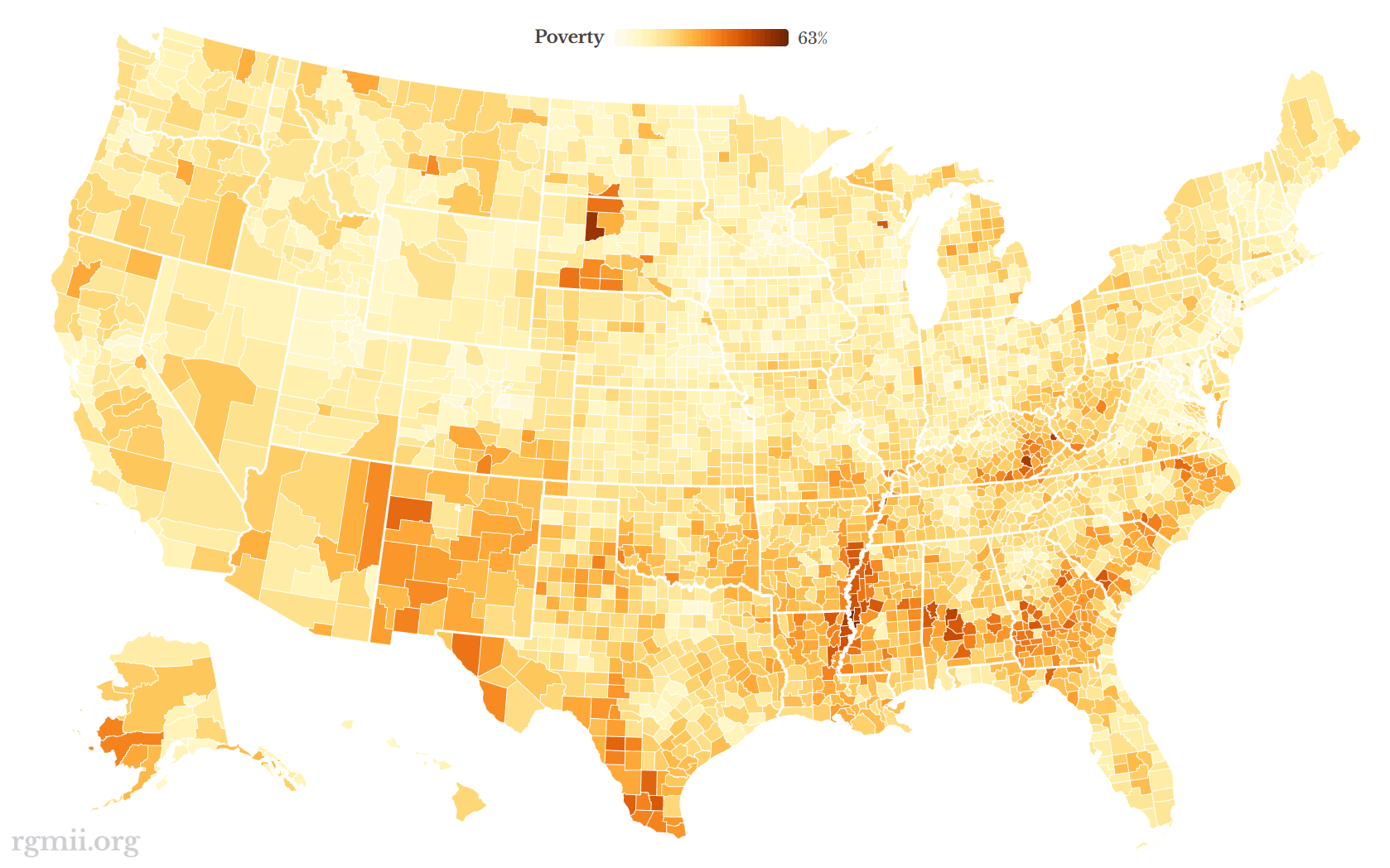 Map of the United States showing all 3,143 counties heatmapped by poverty level from yellow (least) to dark orange (most)