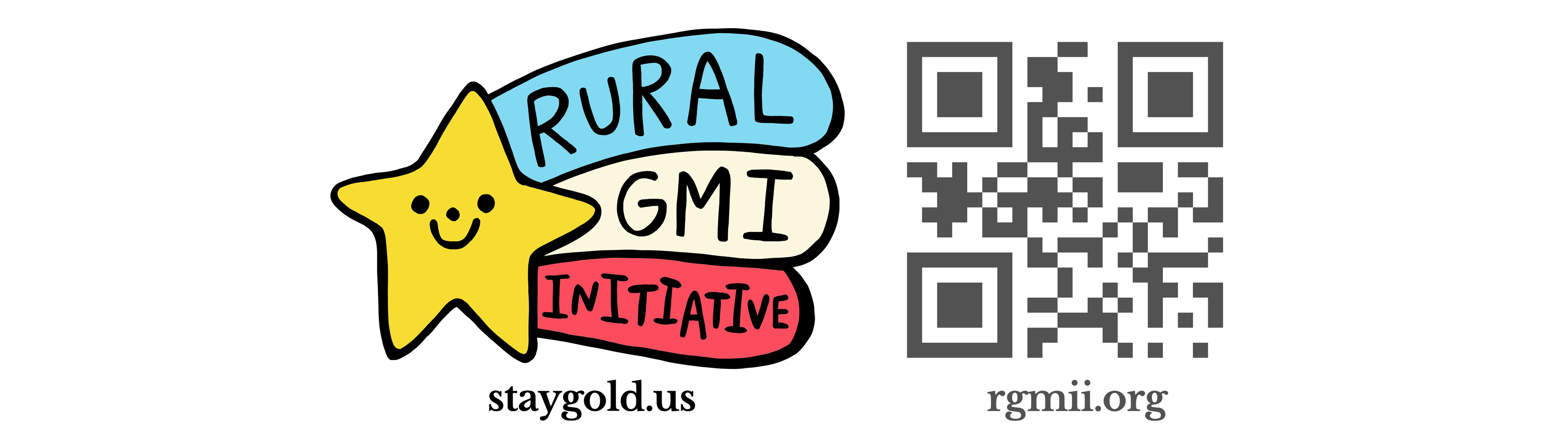 logo for the Rural Guaranteed Minimum Income Initiative, a gold star with red/white/blue streamers above staygold.us and a QR code above rgmii.org