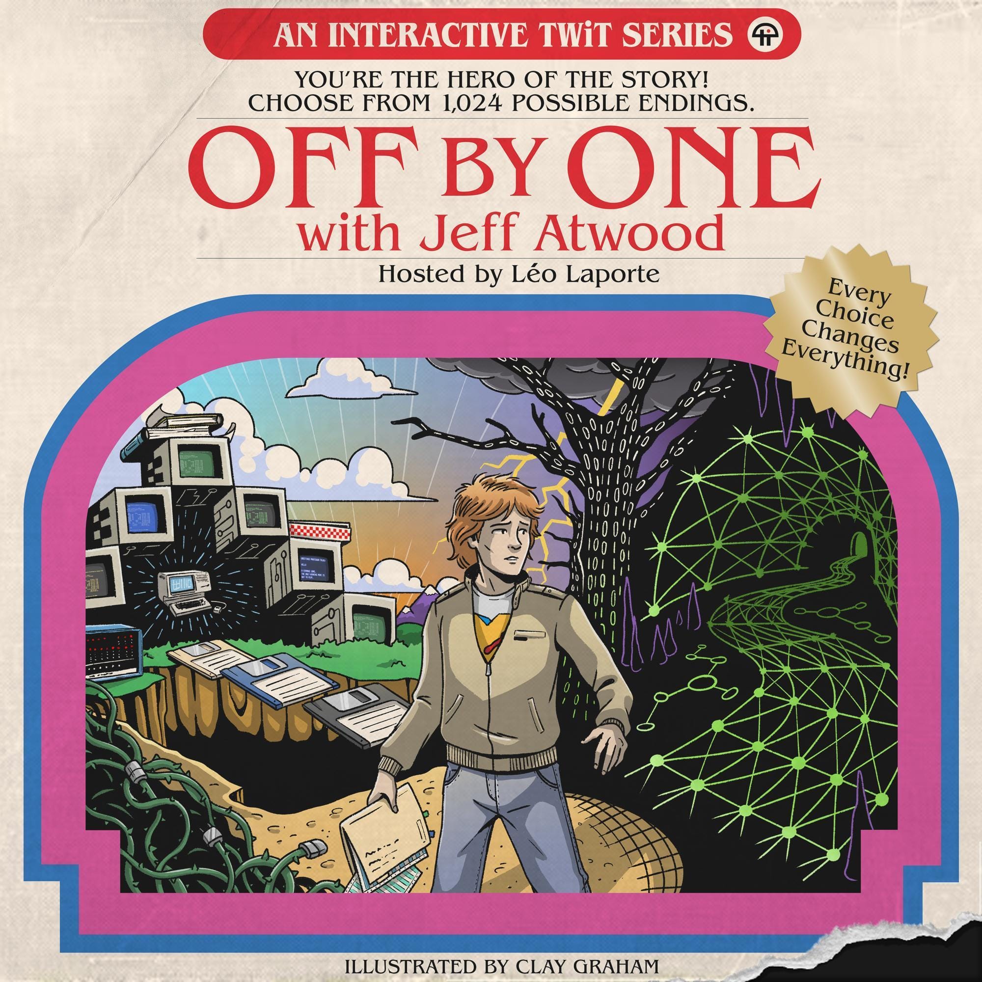 An interactive TWiT Series You're the hero of the story! Choose from 1,024 possible endings. OFF by ONE with Jeff Atwood Hosted by Leo Laporte "every choice changes everything!" young person in a strange land choosing between two paths, both vaguely digital, one more abstract vector lines, the other a strange collection of consoles, disks, and a glowing computer in the distance