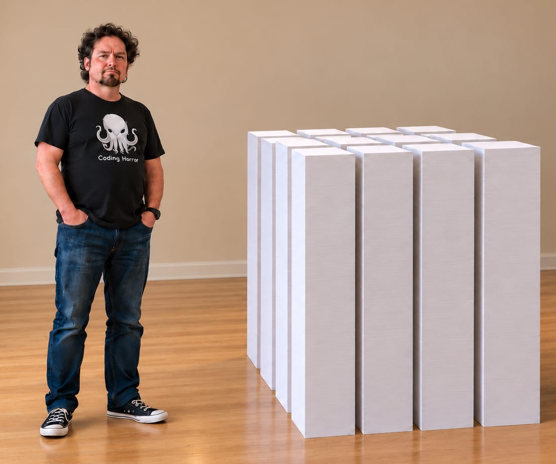 random person standing next to 160,000 pages of 8.5" x 11" paper in 16 stacks of 10k