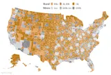 map of the United States via rgmii.org showing all 3,143 counties by rural (gold) / metro (grey) and population