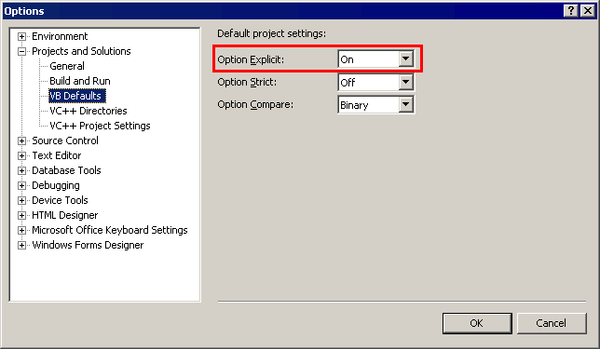 Option Strict and Option Explicit in VB.NET 2005